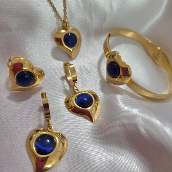 💖18K Gold Plated  Dark Blue Necklaces 4 pcs Jewelry Sets - Picture 1 of 6